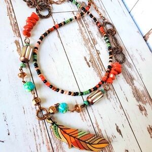 Boho Coral Feather Necklace